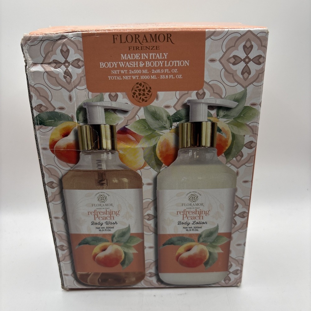 Floramor Firenze Luxury Body Wash & Lotion PEACH gift Set 16.9 Oz X 2 Italy NEW